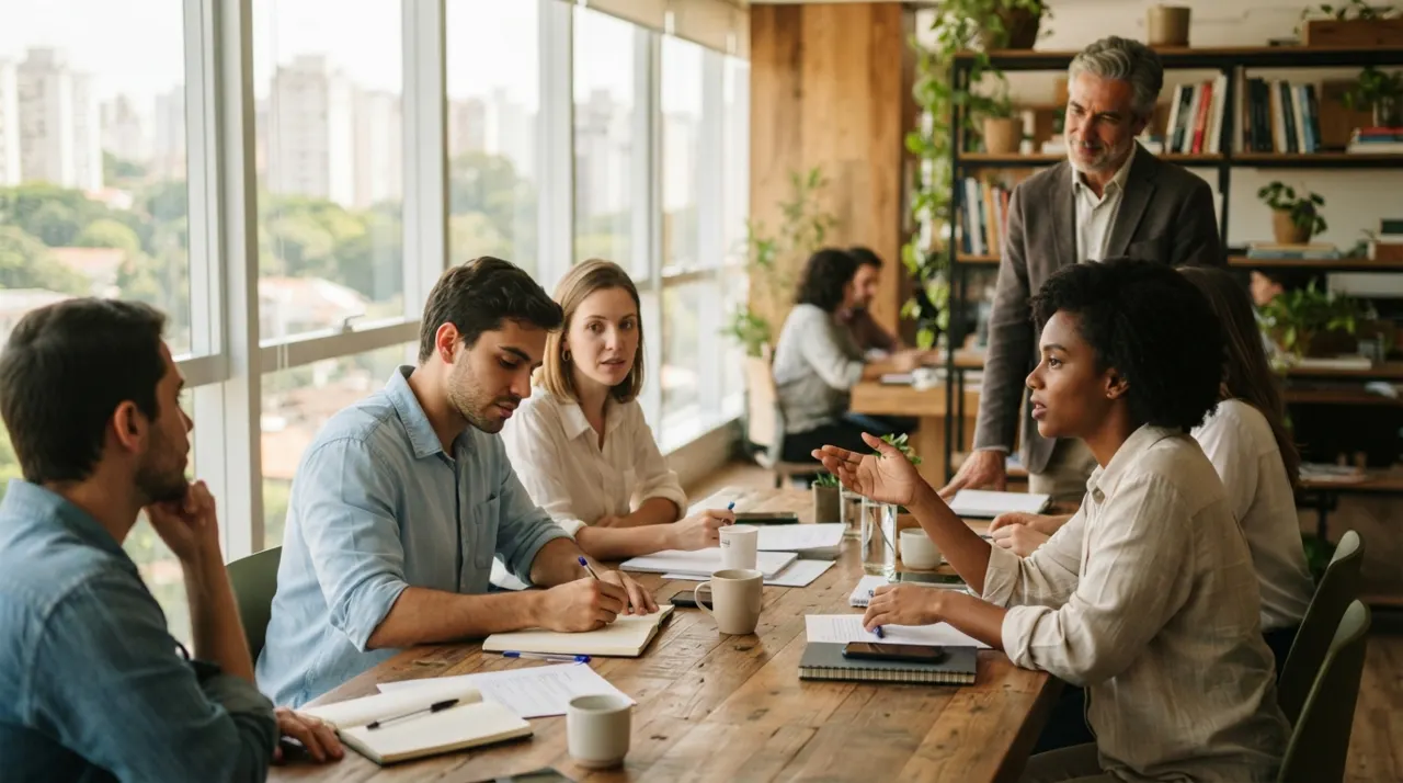 Grupo diverso de jovens profissionais em reunião ao redor de uma mesa de madeira, em escritório iluminado por luz natural, com um mentor observando ao fundo.
